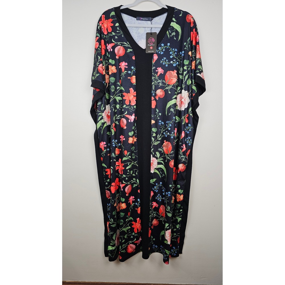 NWT Bloggerlove Kaftan Dress Women XL Black Floral Pomegranate V-Neck